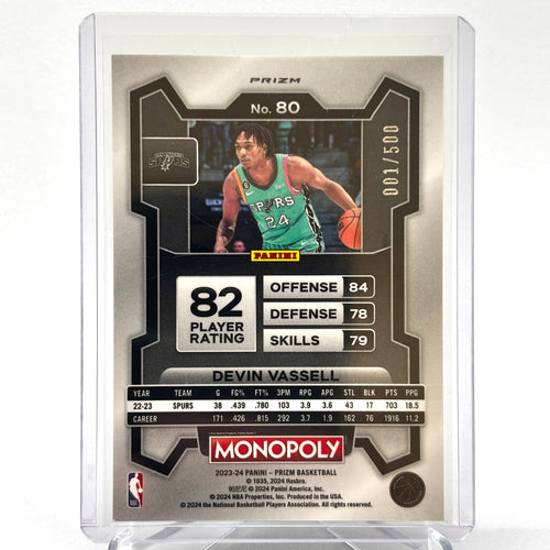 01/500 Devin Vassell (San Antonio Spurs) Prizm Monopoly Gold Millionaire, bookend